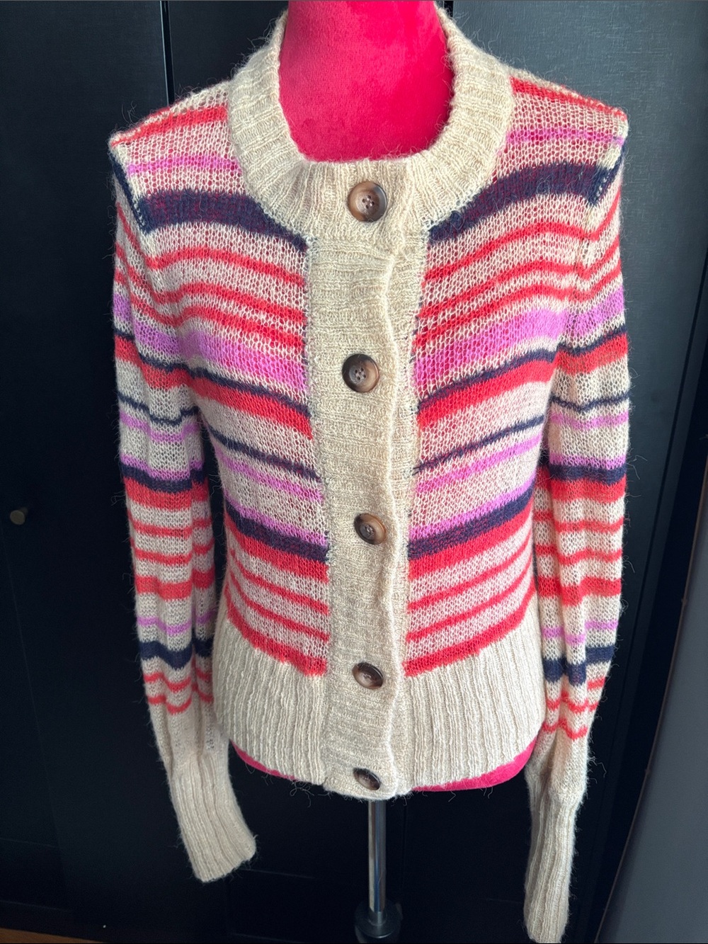 Urban Outfitters Cream Cardigan with Pink, Red and Navy Stripes